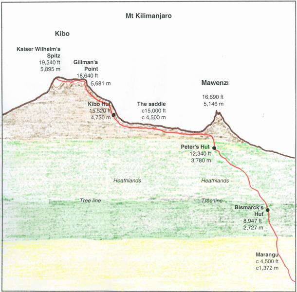 Diagram of the standard route up Mt Kilimanjaro